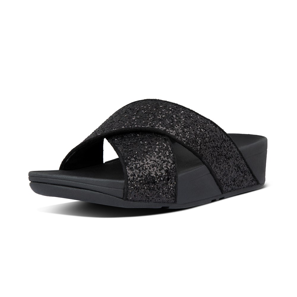 Fitflop Womens Slides Black - Lulu Glitter Cross - 19UQTYKXO